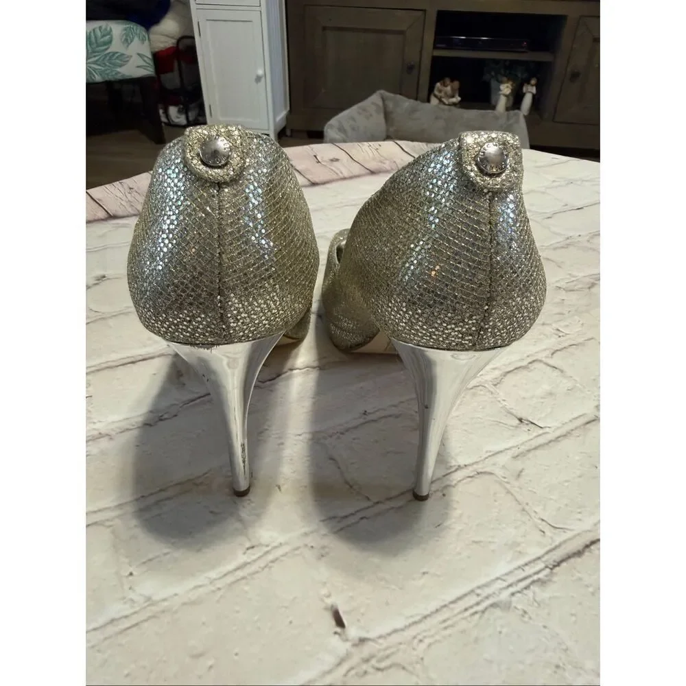 Michael Kors Size 8.5 York Platform Peep Toe Heels Silver Glitter Metallic Glam